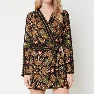 Farm Rio Martina Scarf Black Long Sleeve Wrap Mini Size S